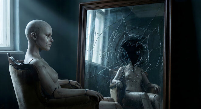 Female Robot Crying While Looking into a Broken Glass Mirror in a Dark Room