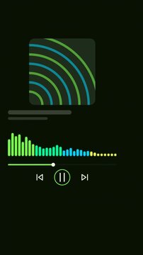 Vertical 9:16 animated music player visualizer full interface in green and teal on a dark background. Seamless looping 4K motion graphics in portrait format for reels, shorts, stories and music videos