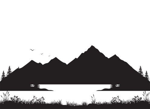  Silhouette mountains with birds and river