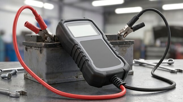 Battery tester automotive electrical diagnostic equipment measuring generic vehicle battery condition with test leads and rugged handheld instrument in professional service workshop environment