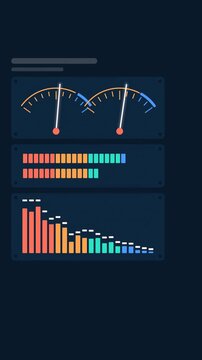 Vertical 9:16 animated studio meters rack three units in green and teal on a dark background. Seamless looping 4K motion graphics in portrait format for reels, shorts, stories and music videos, with f