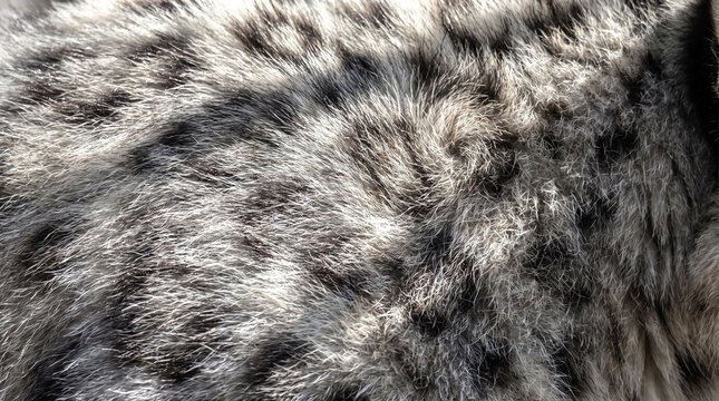 Close-Up Texture of Snow Leopard Animal Fur with Gray, Black, and White Spotted Pattern