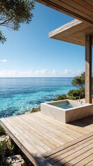 Fototapeta premium Modern wooden terrace with stone plunge pool overlooking blue ocean. Luxury villa balcony features minimalist design, tropical green plants. Peaceful seascape view under clear sunny sky. Calm seaside