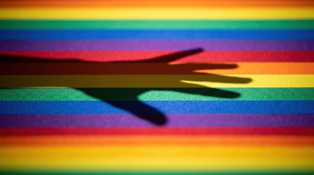 Shadow of reaching hands across rainbow stripes