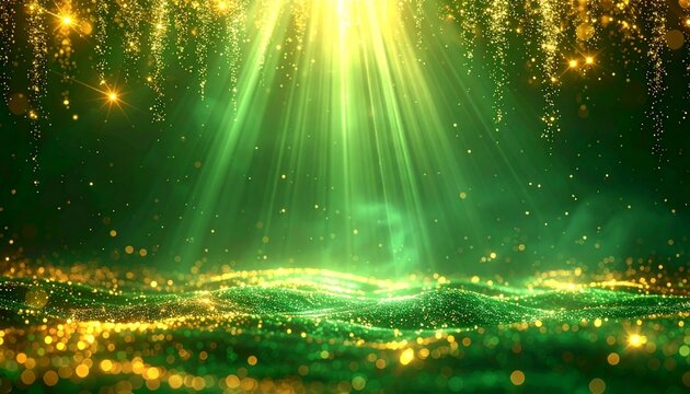 Abstract Emerald Lightscape with Golden Particle Waves