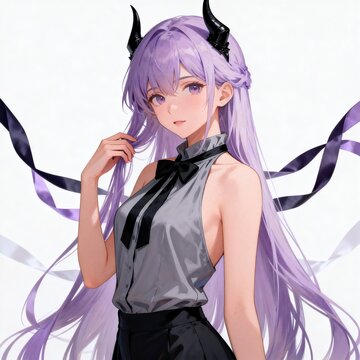 Anime-style girl with purple hair and black horns on white background