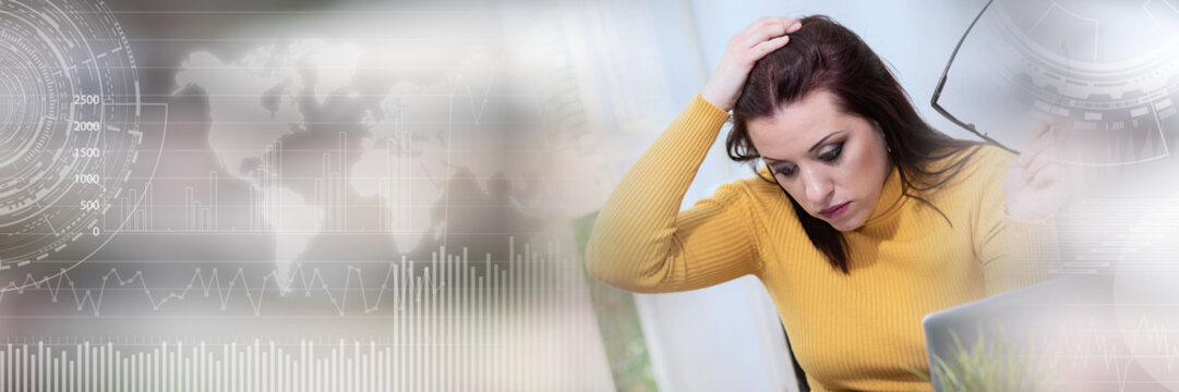 Desperate businesswoman with hand on head; panoramic banner