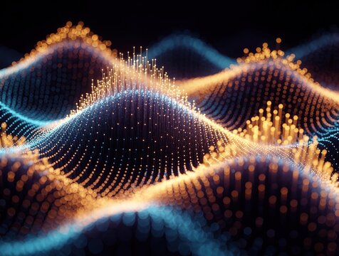 Abstract quantum probability amplitude wave graph shows subatomic particle dynamics. Glowing particles form undulating energy waves with bright orange, blue light. Digital data visualization complex