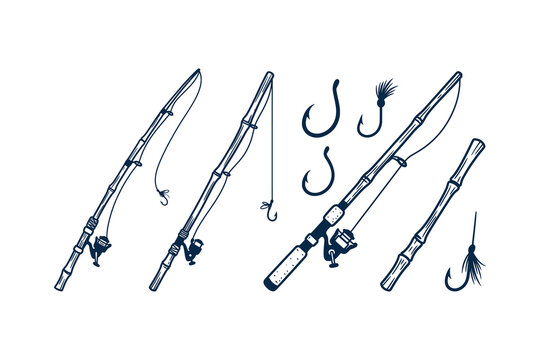 Hand Drawn Fishing Rods Reels and Hooks Collection Vintage Style Illustration on White Background