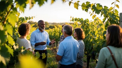 Obraz premium Smiling male tour guide leads wine tasting for small group in sunny vineyard. People hold glasses, listen to host, enjoy outdoor tasting session among grape rows. Group learns about viticulture, wine
