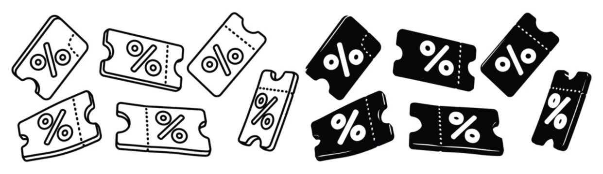 Group of discount coupons with percentage symbols in outline and solid styles for retail marketing sales promotions and ecommerce use.