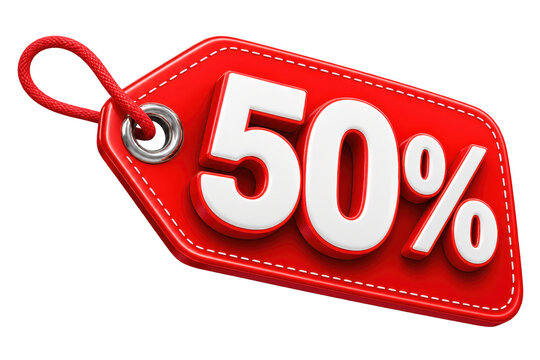 Red 50 percent discount sale label isolated on clear background for retail promotions and ecommerce marketing