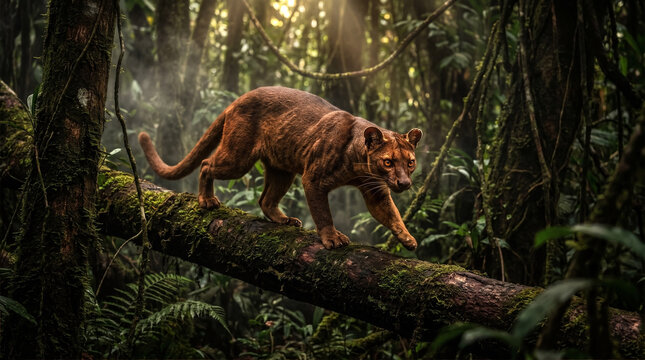 Malagasy Fossa Predator Walking Stealthily on a Fallen Tree Log in a Dense Rainforest.