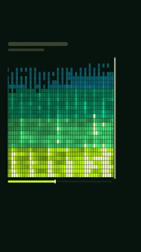 Vertical 9:16 animated spectrogram scroll painting frequency history in green and teal on a dark background. Seamless looping 4K motion graphics in portrait format for reels, shorts, stories and music