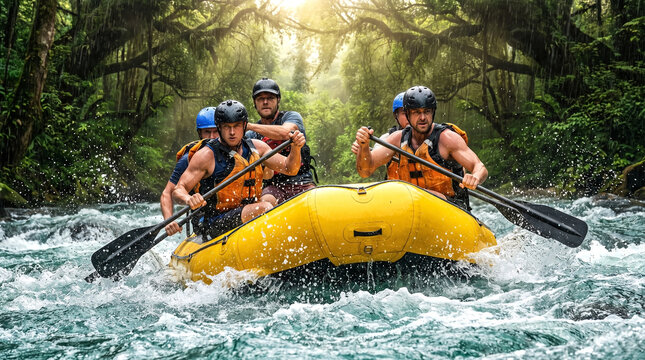 Team of Rafting Paddlers Navigating a Fast-Flowing River Adventure Amidst a Dense Tropical Forest.