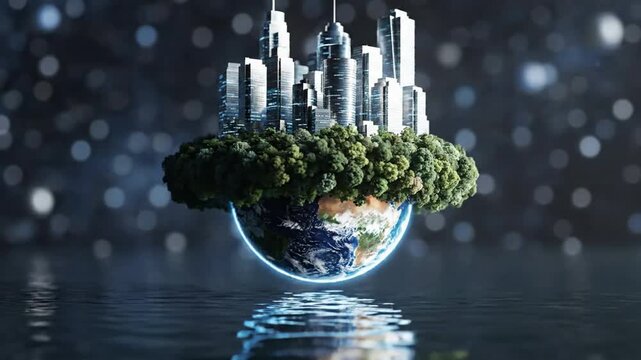 Sustainable city on glowing earth globe over water: futuristic metropolis and ecology concept animation