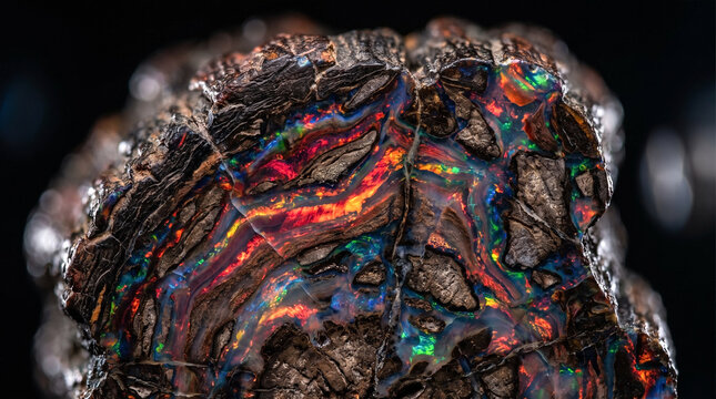 Close-Up of a Petrified Wood Specimen Decorated with Fire-Glowing Colored Opal Under Dark Lighting.