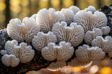 Obraz premium Macro view of white Plicaturopsis crispa mushrooms on tree branch. Group of crimped gill fungi grows on wood in autumn forest. Close up shot shows beautiful texture of fungal growth in nature.