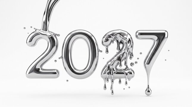 2027 Happy New Year celebration concept with shiny liquid chrome silver numbers melting and dripping on white studio background for holiday greeting card typography and seasonal calendar design