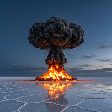 A massive mushroom cloud explosion rising over a desolate salt flat landscape at dusk.