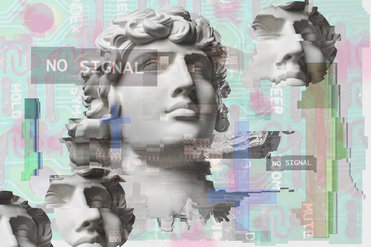Vaporwave Aesthetic Glitch Art with Antique Classical Statue Head Retro Futuristic Digital Distortion and VHS Noise Abstract Raster Illustration Background Style