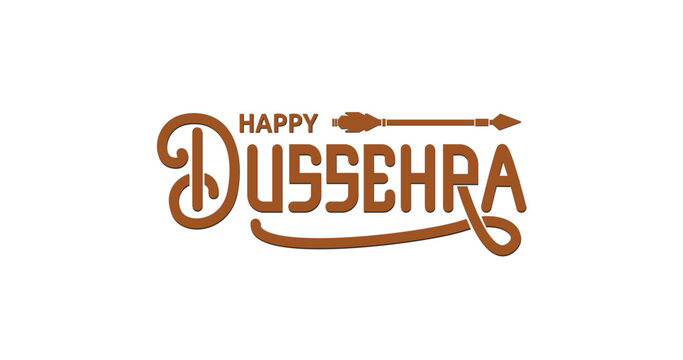 Brown graphic design lettering happy dussehra text stylized arrow for religious festival celebration designs suitable for banners, social media posts, greeting cards.