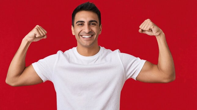 Cheerful young hispanic man flexes bicpic against solid red background. Happy male model wears white t-shirt, smiles confidently. Strong athletic guy shows body strength, positive energy. Energetic