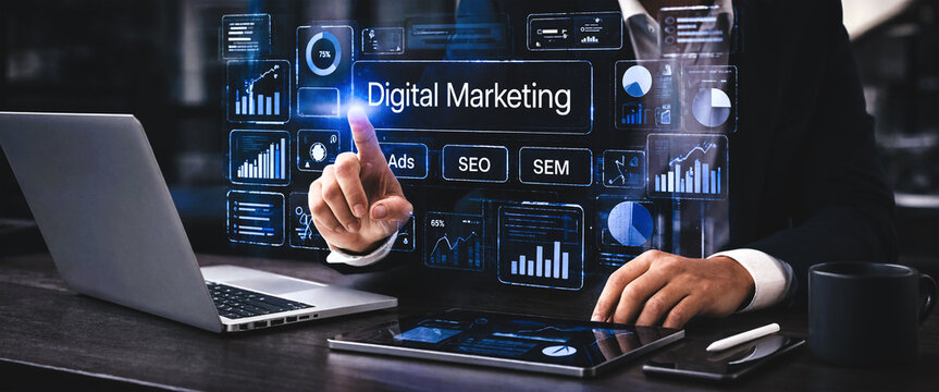 Professional analyzing digital marketing analytics on holographic dashboard with laptop and tablet