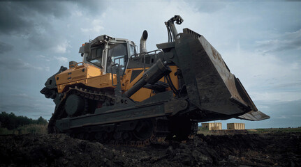 Bulldozer on Muddy Construction Ground Under Cloudy Sky © Dimitr