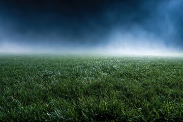Obraz premium The Field in Twilight: Mist Over Green Grass Landscape at Distant Horizon