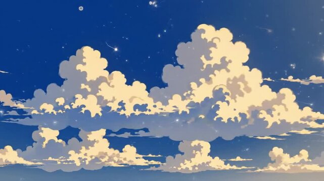 Anime starlit sky and fluffy clouds background, loop, night sky, with twinkling stars, and shooting star animation