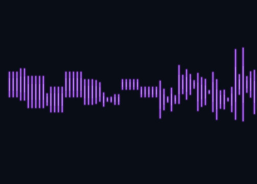 Glowing neon purple digital soundwave audio equalizer block bar on black background