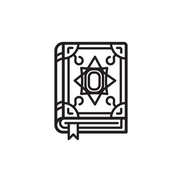Simple outline icon of an ancient magical grimoire spell book with bookmark.