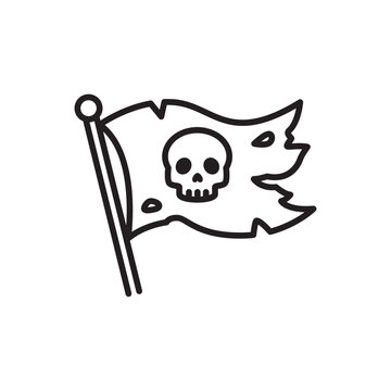Simple outline icon of a tattered pirate flag with skull and crossbones.