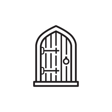 Minimalist line art icon of an old gothic arched wooden door.