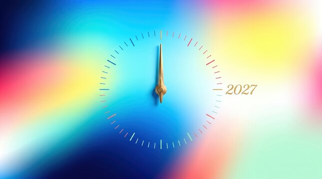 Golden clock hand marks midnight beside 2027