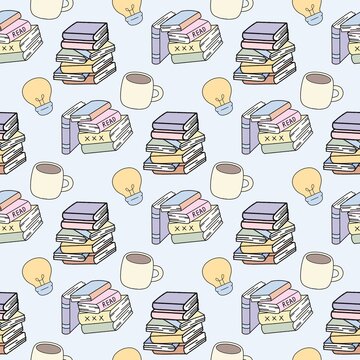 Charming Book Stacks with Coffee cup and Lightbulb Seamless Pattern