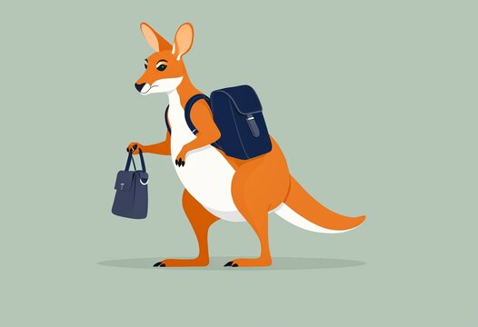 Cartoon kangaroo with backpack, illustration of an adventurous marsupial character