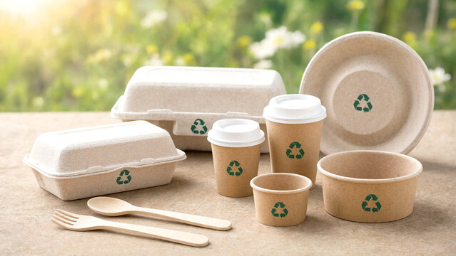 Eco-friendly compostable food containers and cups with recycling symbols for sustainable packaging display