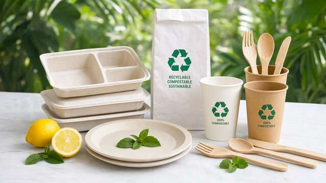 Sustainable compostable cutlery and packaging set for eco-friendly events with recycling symbols