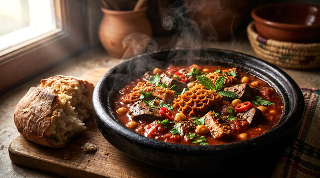 Rustic Clay Bowl of Spicy Tripe Stew with Chickpeas, Tomatoes, and Fresh Herbs Served with Crusty Bread