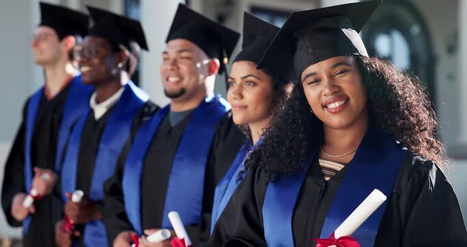 Graduation, face or woman on campus with degree, academic success or pride at college farewell. University, happy or student with diploma, accomplishment or educational milestone at certificate event