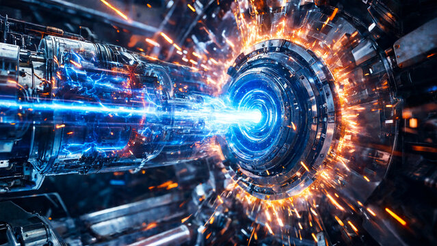 High-energy particle accelerator beam emitting intense blue light in futuristic lab