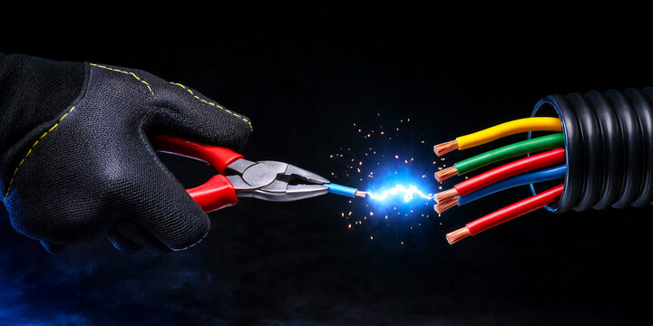 Electrician cutting sparking wires with insulated pliers in dark studio