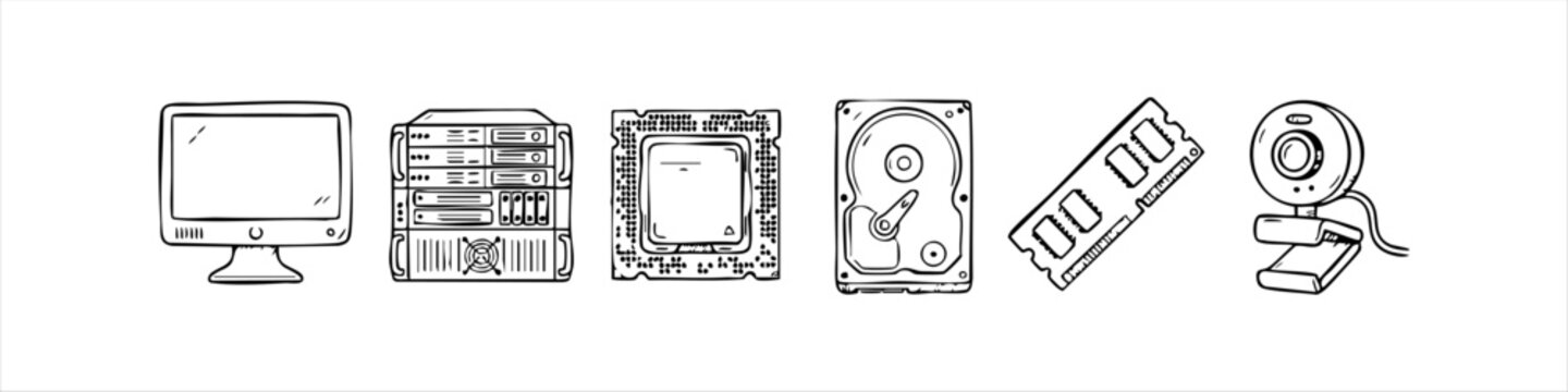 Set of computer hardware and technology hand drawn line art icons including monitor server cpu hard drive ram and webcam