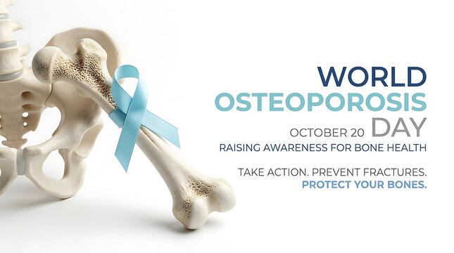 World osteoporosis day awareness concept with human hip bone model and blue ribbon isolated on white background