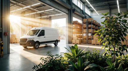 Fototapeta premium White delivery van parked inside modern logistics warehouse. Sunlight streams through open doors onto storage shelves with cardboard boxes. Green plants in foreground create eco friendly vibe in