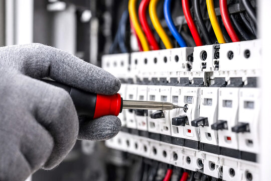 Electrician inserting plug into industrial circuit breaker panel with wiring