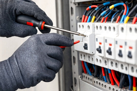 Electrician testing circuit breaker in industrial panel with copy space