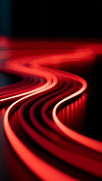 Abstract photographic study of parallel red neon light strips sweeping across a black reflective surface long exposure curves forming a layered wave with deep burgundy shadows